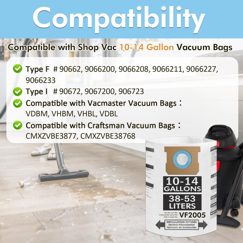 Yonice 15 Pack 10-14 Gallon Vacuum Bags Compatible with Shop Vac Bags 10-14 Gallon,Type I #90672 9067200, Type F #90662 9066200 9066233, VF2005,Disposable Collection Filter Bags - Image 2
